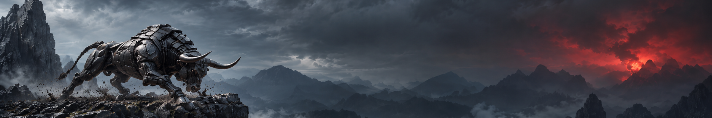 Mechanical bull on a cliff above a dark mountain valley