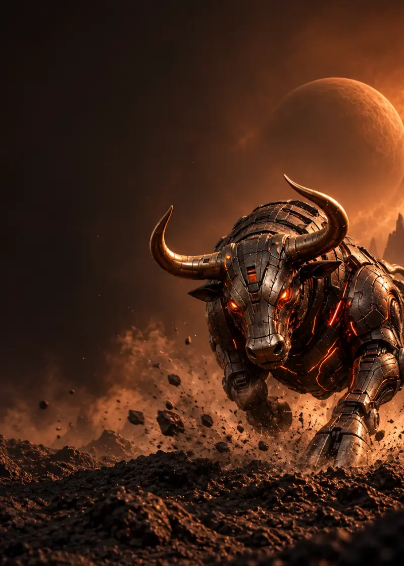 Bronze mechanical bull guardian on a rocky alien ridge