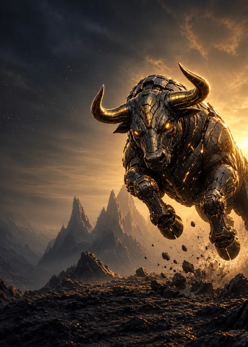 Gold-accented mechanical bull guardian in an alien mountain range
